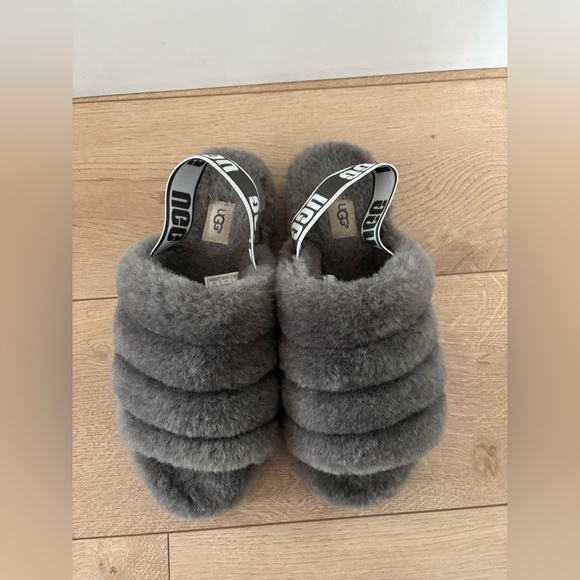 UGG Fluff Yeah Slide Slippers Charcoal Gray Shearling Platform Sandals Size 10 - Picture 3 of 8
